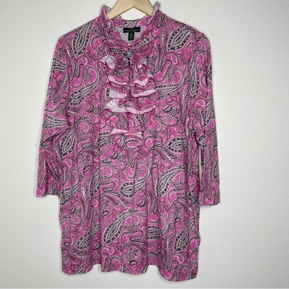 NWT: Lauren Ralph Lauren Pink Paisley Print Ruffle 3/4 Sleeve Top